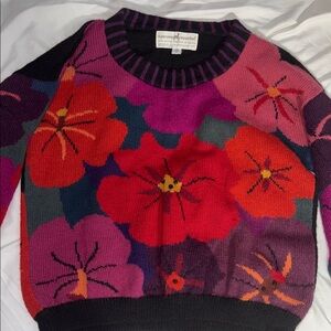 Peruvian Connection Bright Floral Crewneck Sweater in Red, Pink, Purple, Black